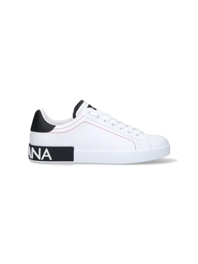 Dolce & Gabbana Portofino White Low Top Sneakers With Patch Logo And Red Stitching In Smooth Leather Man