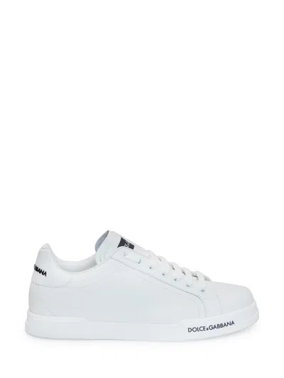 Dolce & Gabbana Portofino' White Low Top Sneakers With Contrasting Logo Detail In Leather