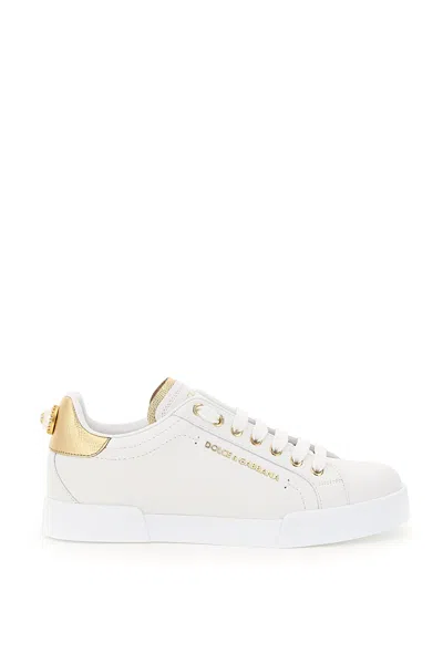 Dolce & Gabbana Portofino Sneakers With Pearl In Bianco/oro