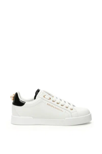 Dolce & Gabbana Portofino Leather Sneakers With Dg Pearl Detail In White