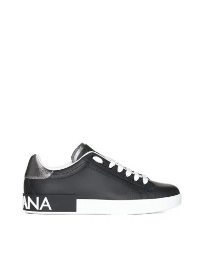 Dolce & Gabbana Portofino Sneakers In Black Leather With Silver Inserts Dolce E Gabbana