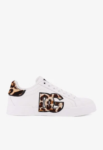 Dolce & Gabbana Portofino Strobel Leather Sneakers In White