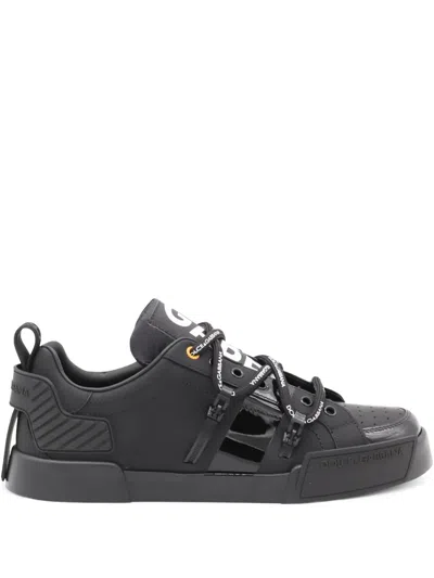 Dolce & Gabbana Black Calfskin And Patent Leather Portifino Sneakers