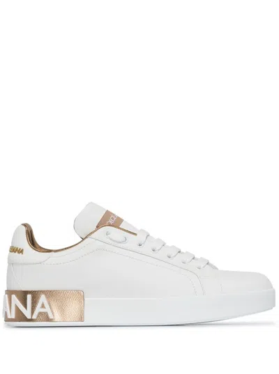 Dolce & Gabbana Portofino White And Gold Low Top Sneakers With Logo In Leather Woman
