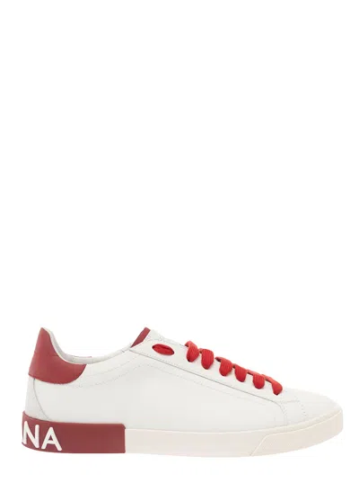 DOLCE & GABBANA PORTOFINO WHITE AND RED LOW TOP SNEAKERS WITH LOGO PATCH IN LEATHER MAN