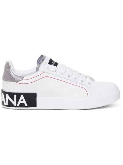 Dolce & Gabbana White Silver Leather Portofino Sneakers Shoes In Multicolor