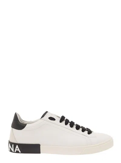 DOLCE & GABBANA 'PORTOFINO' WHITE LOW TOP SNEAKERS WITH LOGO LETTERING DETAIL IN SMOOTH LEATHER MAN