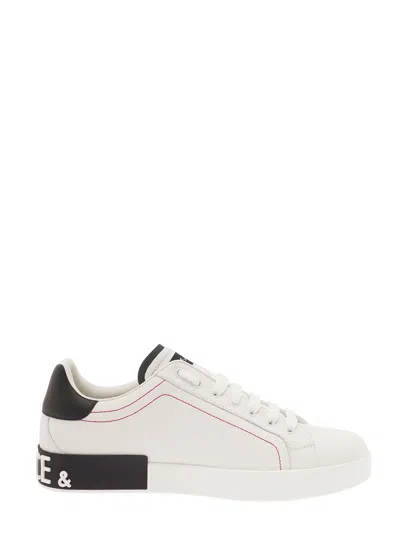 Dolce & Gabbana Portofino White Low Top Sneakers With Patch Logo And Red Stitching In Smooth Leather Man