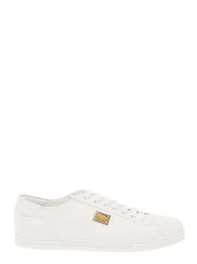 DOLCE & GABBANA DOLCE & GABBANA 'PORTOFINO' WHITE MONOCROM LOW TOP SNEAKERS WITH LOGO PLAQUE IN LEATHER MAN
