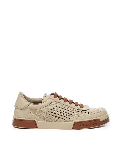 Dolce & Gabbana Cappuccino Leather Portofino Sneakers In Brown