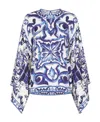 Dolce & Gabbana Majolica-print Round Neck Charmeuse Blouse In Blue