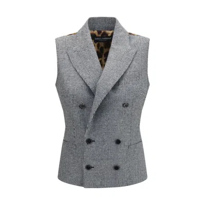 Dolce & Gabbana Prince Of Wales Double-breasted Wool Waistcoat In Gray