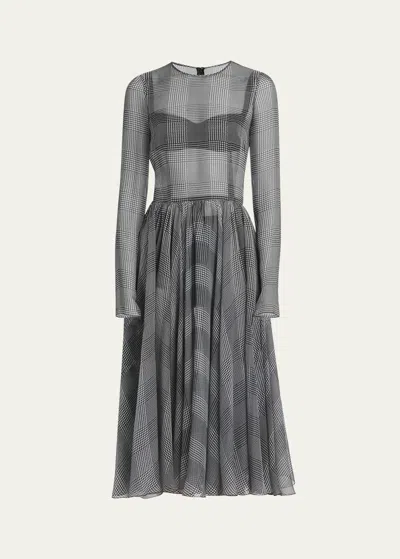 Dolce & Gabbana Prince Of Wales Printed Silk Chiffon Midi Dress In Black