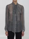 Dolce & Gabbana Prince Of Wales Printed Silk Chiffon Blouse With Tie Neck In Gray
