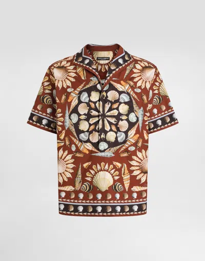 Dolce & Gabbana Printe Popeline Oversized Shirt In Brown