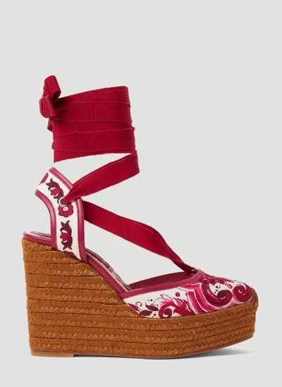 Dolce & Gabbana Printed Brocade Wedge Sandals In Red