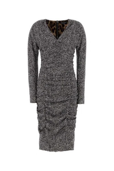 Dolce & Gabbana Long Sleeve Fitted Dress V-neckline In Gray