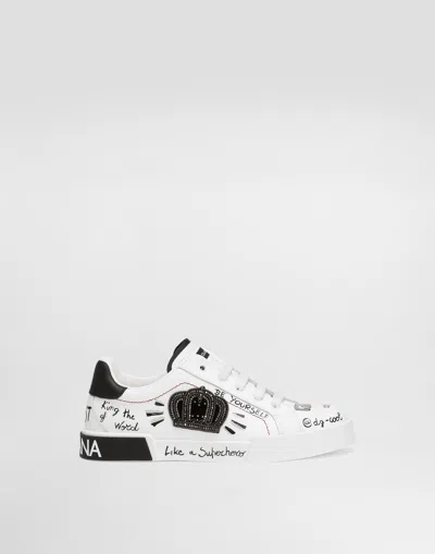 Dolce & Gabbana Kids' Printed Calfskin Portofino Light Sneakers In White