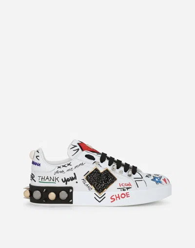 DOLCE & GABBANA PRINTED CALFSKIN PORTOFINO SNEAKERS WITH PATCH