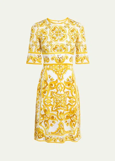 Dolce & Gabbana Printed Charmeuse A-line Dress In Yellow & Orange