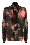 Dolce & Gabbana Rose Bouquet-print Silk Chiffon Neck-tie Blouse In Multi