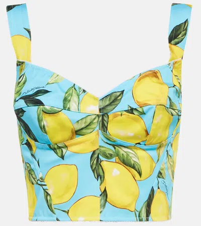 Dolce & Gabbana Printed Cotton-blend Bustier Top In Limoni Fdo Azzurro