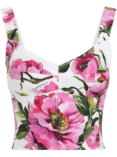 Dolce & Gabbana Pink Crop Top With All-over Printed Floral Motif In Cotton Blend Woman In Multicolour