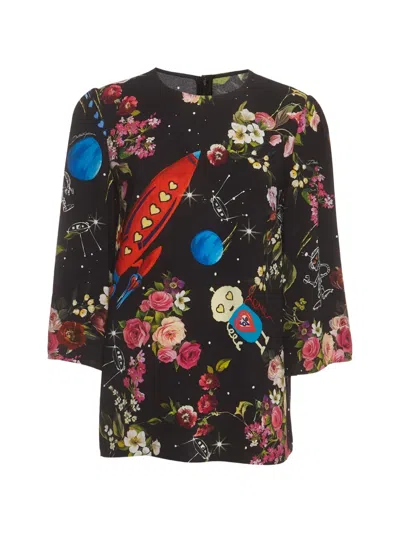Pre-owned Dolce & Gabbana Printed Crepe Blouse In Black