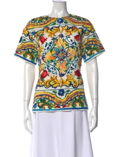 Pre-owned Dolce & Gabbana Printed Crew Neck Top In White