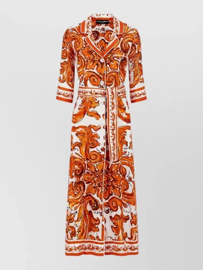 Dolce & Gabbana Printed Dress Belted Waist Three Quarter Sleeves In Multi
