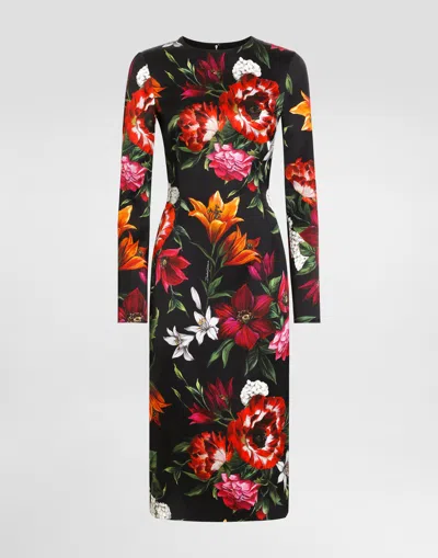 Dolce & Gabbana Printed Fitted Satin Dress In Black