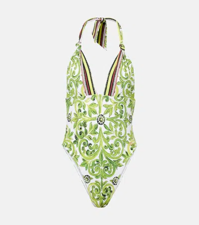 Dolce & Gabbana Printed Backless Swimsuit In Green