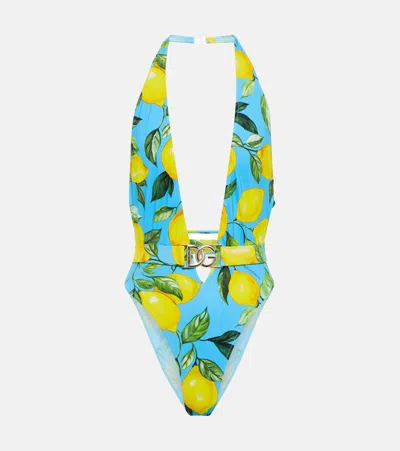 Dolce & Gabbana Printed Halterneck Swimsuit In Limoni Fdo Azzurro