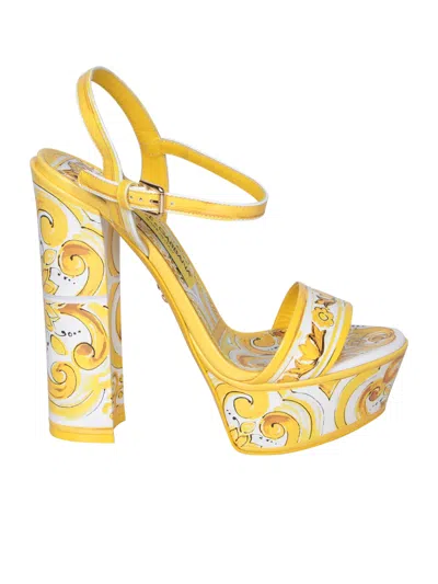 Dolce & Gabbana Keira Printed Leather Platform Sandals In Yellow