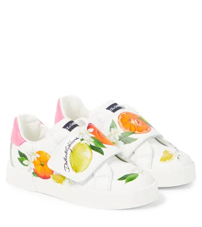 Dolce & Gabbana Kids' Printed Leather Sneakers In White