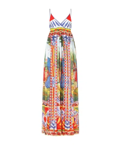 DOLCE & GABBANA DOLCE  GABBANA CARRETTO PRINTED V-NECK CHIFFON MAXI DRESS