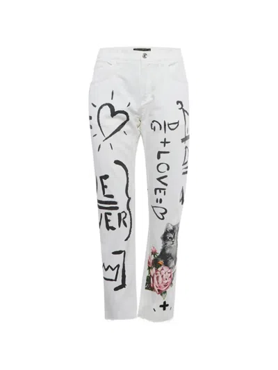 Pre-owned Dolce & Gabbana Printed Motif Denim Trousers In White