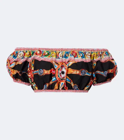 Dolce & Gabbana Carretto Off-the-shoulder Cropped Printed Cotton-poplin Top In Black