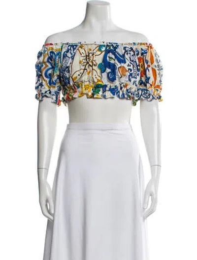 Pre-owned Dolce & Gabbana Printed Off-the-shoulder Crop Top In White