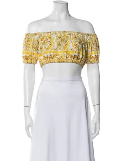 Pre-owned Dolce & Gabbana Printed Off-the-shoulder Crop Top In White