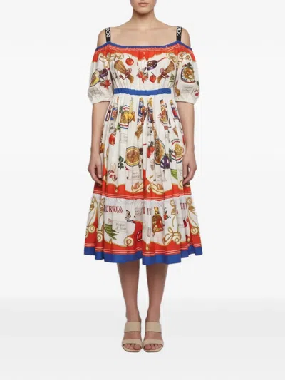 Pre-owned Dolce & Gabbana Printed Off-the-shoulder Midi Dress In Neutrals