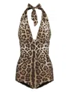 Dolce & Gabbana Deep Neckline One Piece Swimsuit Leopard In Brown