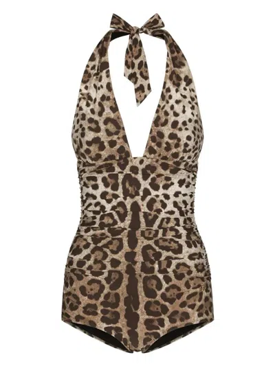 Dolce & Gabbana Women Leopard Printed Sensitive Fabric One-piece Swimsuit In Brown