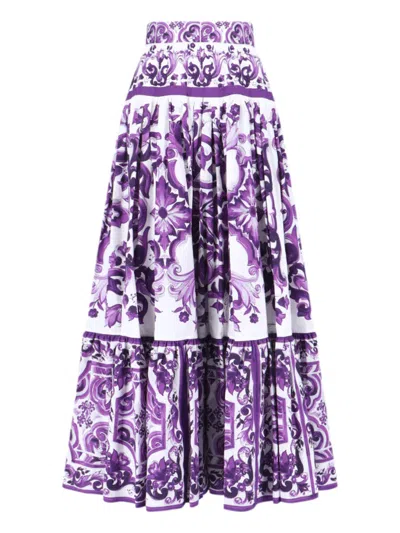 Dolce & Gabbana Women Violet Long Skirt With Ruffle Hem And All-over Floral Motif In Cotton Woman In Purple