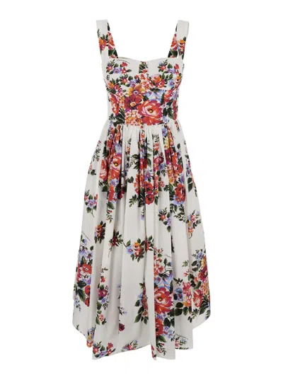 Dolce & Gabbana White Cotton Midi Dress With Floral Print Dolce E Gabbana In Multi