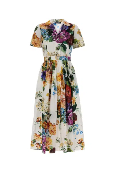 Dolce & Gabbana Flower Bouquet-print Poplin Dress In Gray