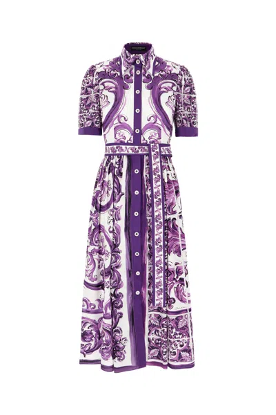 Dolce & Gabbana Poplin Shirt Dress With Maiolica Print In Purple