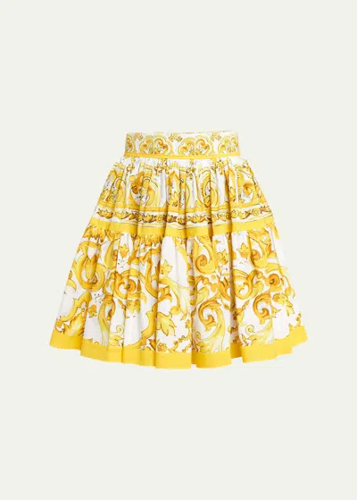 Dolce & Gabbana Printed Poplin Short Skirt With Pleating In Yellow
