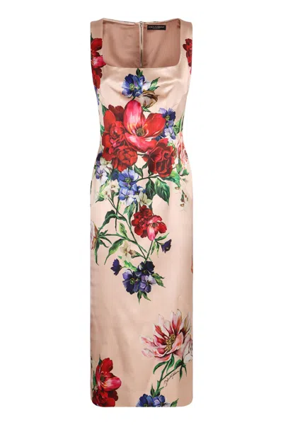 Dolce & Gabbana Flower Print Satin Sheath Longuette Dress In Animal Print