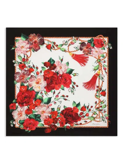 Dolce & Gabbana Floral Square Scarf Contrasting Trim Tassels In Multi